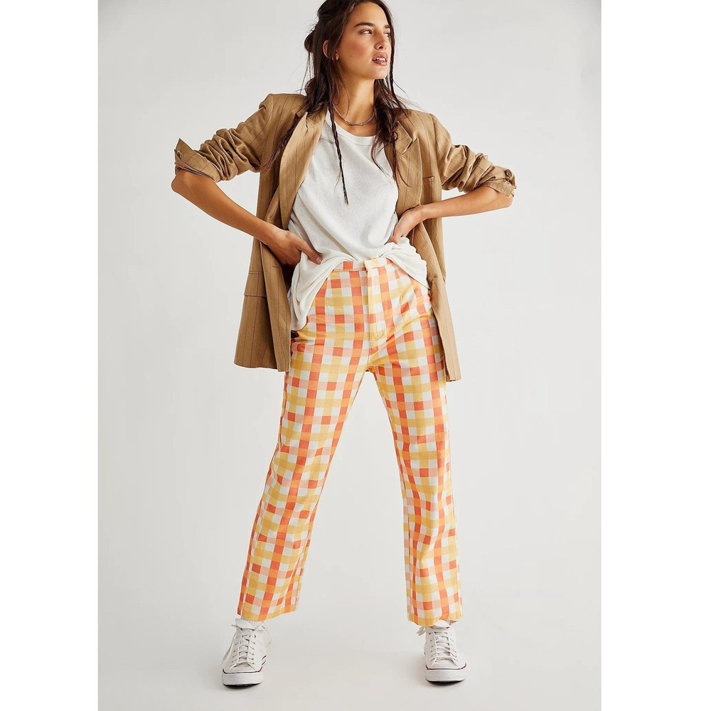 Free People Pants Size 10 Orange Yellow Gingham Check High Rise Straight Leg‎